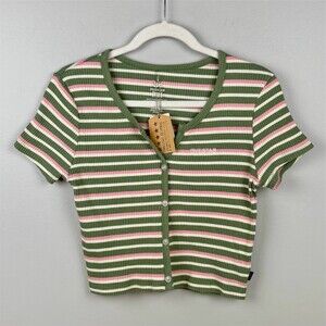 Five Star General Cropped Button Down T-Shirt Juniors Green Pink White Striped